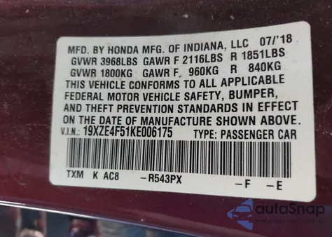 2019 Honda Insight Ex из США, поврежденный, VIN 19XZE4F51KE006175